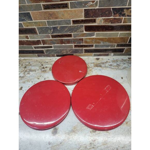 3 Vintage Canisters, Metal Kitchen Tins Red & Cream Farmhouse Primitive - Picture 5 of 6